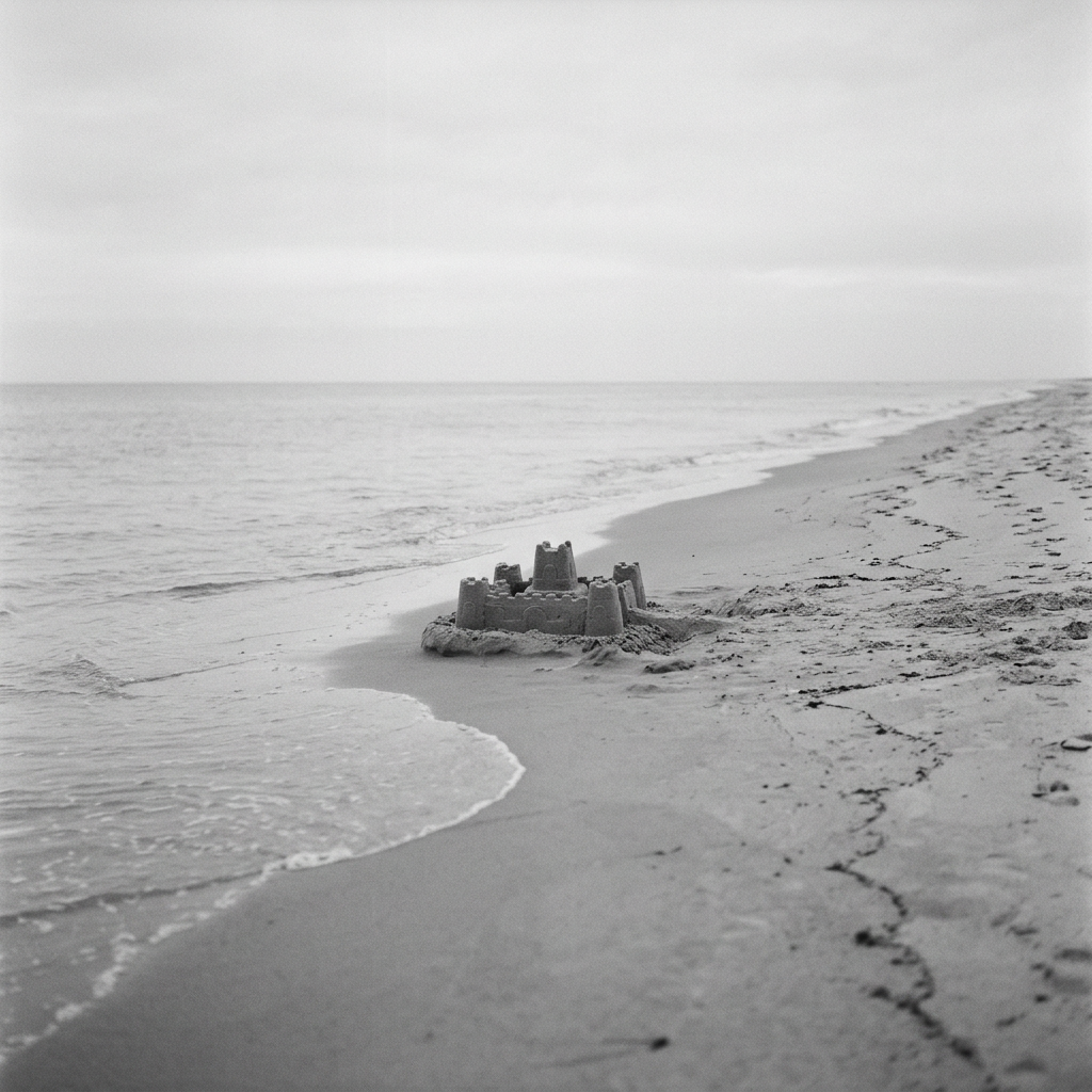 Sandcastle built on wet sand close to water's edge on a beach