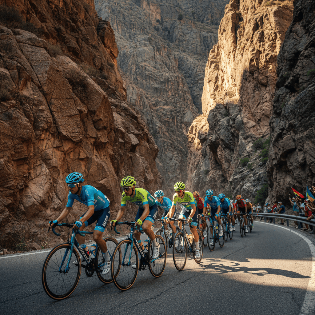 A group of men in bright colorful lycra cycling kits riding road bicycles uphill through a dramatic rocky canyon with steep walls, strong sunlight casting shadows, competitive cycling atmosphere, seen from the side