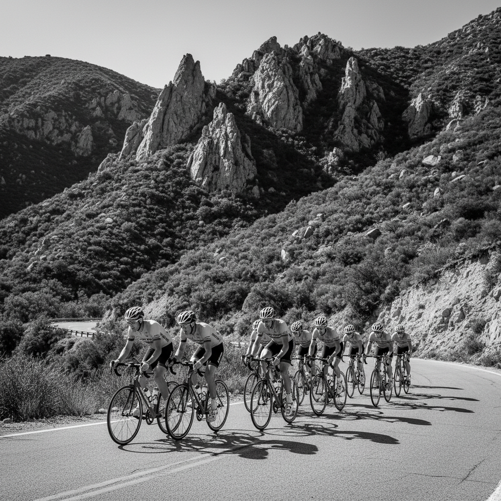 Eleven male cyclists in lycra riding road bicycles uphill through Malibu Canyon, Los Angeles, winding canyon road, chaparral-covered hillsides, dramatic rocky cliffs, group riding closely together, professional road cycling, black and white photography, high contrast monochrome, cinematic composition, square format