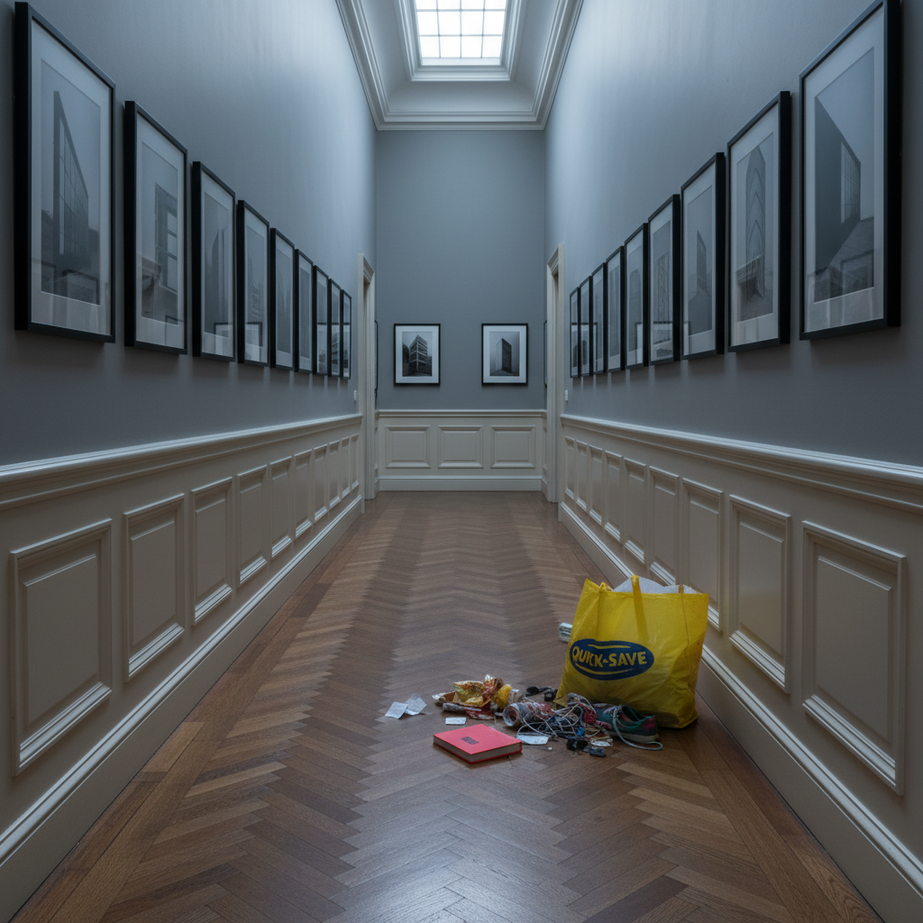 An immaculate, narrow hallway lined with framed monochrome architectural prints, each precisely aligned, is interrupted by a lone, garish plastic shopping bag slumped against a carved wainscoted wall. The bag is half-open, spilling a jumble of everyday items onto the polished herringbone wood floor. Cool, diffused overcast light seeps in from a distant transom window, creating soft reflections on the varnished boards and subtle shadows behind the discarded clutter. Photographed at eye level with a long perspective down the corridor, the composition draws the viewer’s eye from the serene order of the frames to the intrusive mess, capturing a sophisticated, photographic realism that quietly critiques thoughtless behavior in a cultivated environment.