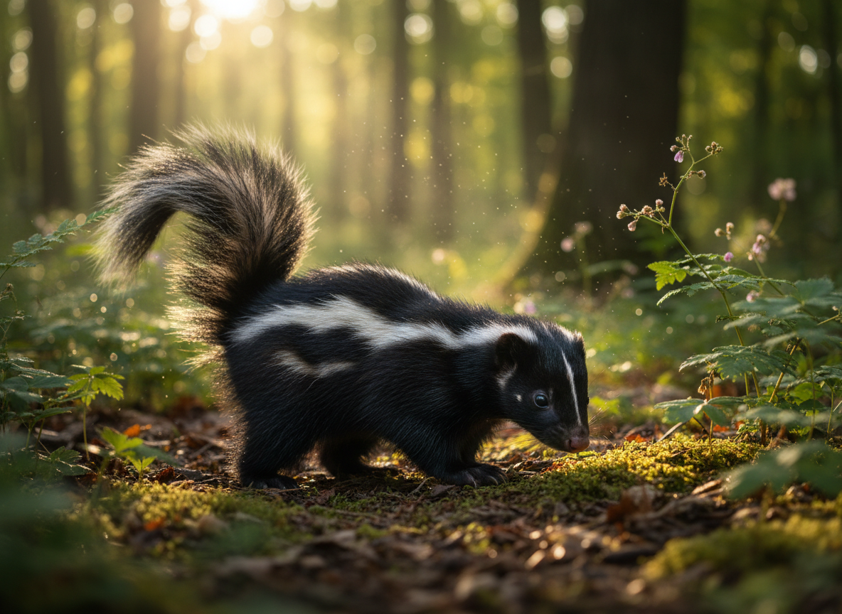 A skunk in a natural outdoor setting, detailed and realistic, soft natural lighting